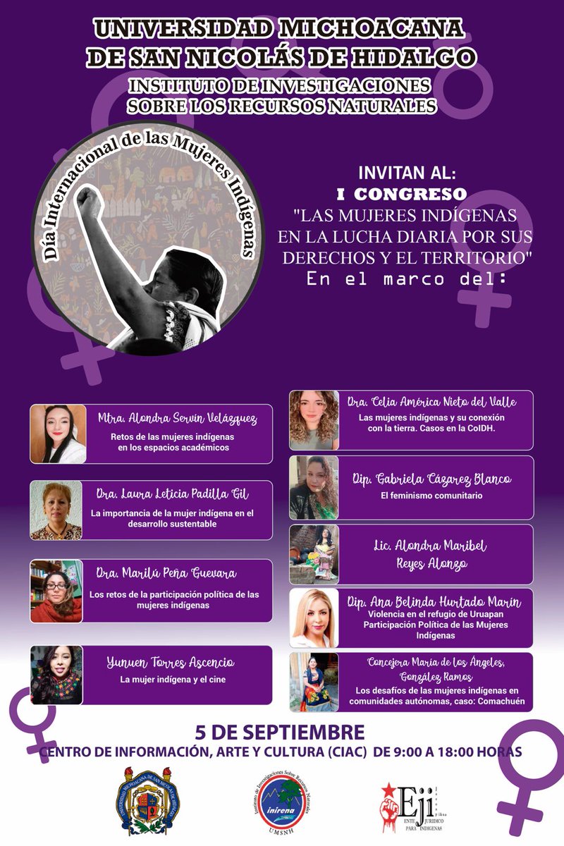 ComInstUMSNH's tweet photo. 1er Congreso "Las mujeres indígenas en la lucha diaria por sus derechos y el territorio" en el marco del Día Internacional de las Mujeres Indígenas
📌 5 de septiembre de 9:00 a 18:00 horas
📌 Centro de Información, Arte y Cultura (CIAC) https://t.co/vLDZs9Whwq
