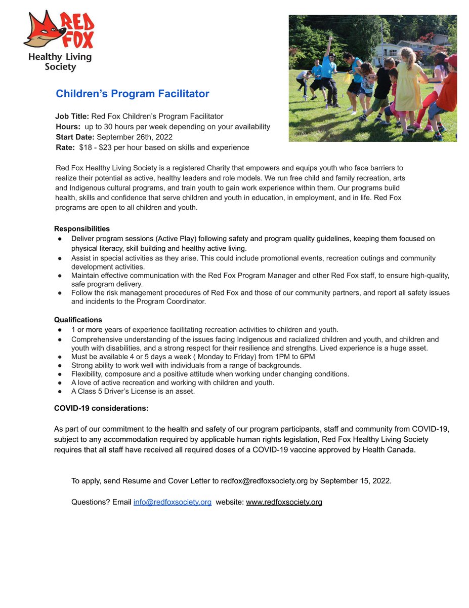 Red Fox is growing and we are looking for new team members to inspire children and youth to be active, learn new skills and give back to their communities. Please share with your networks. #youthemployment #Vancouverjobs