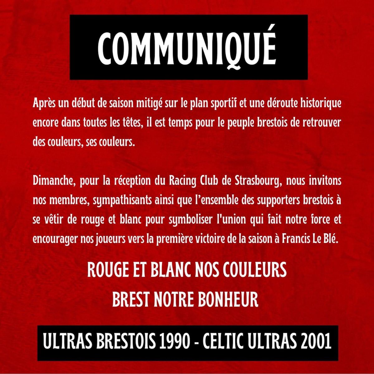 BrestOnAir's tweet photo. 🧣 Point vestimentaire dans le dernier communiqué des @CelticUltras et @Ub90C. Tous en rouge et blanc dimanche ! #SB29RCSA https://t.co/qbhGxCMm5O