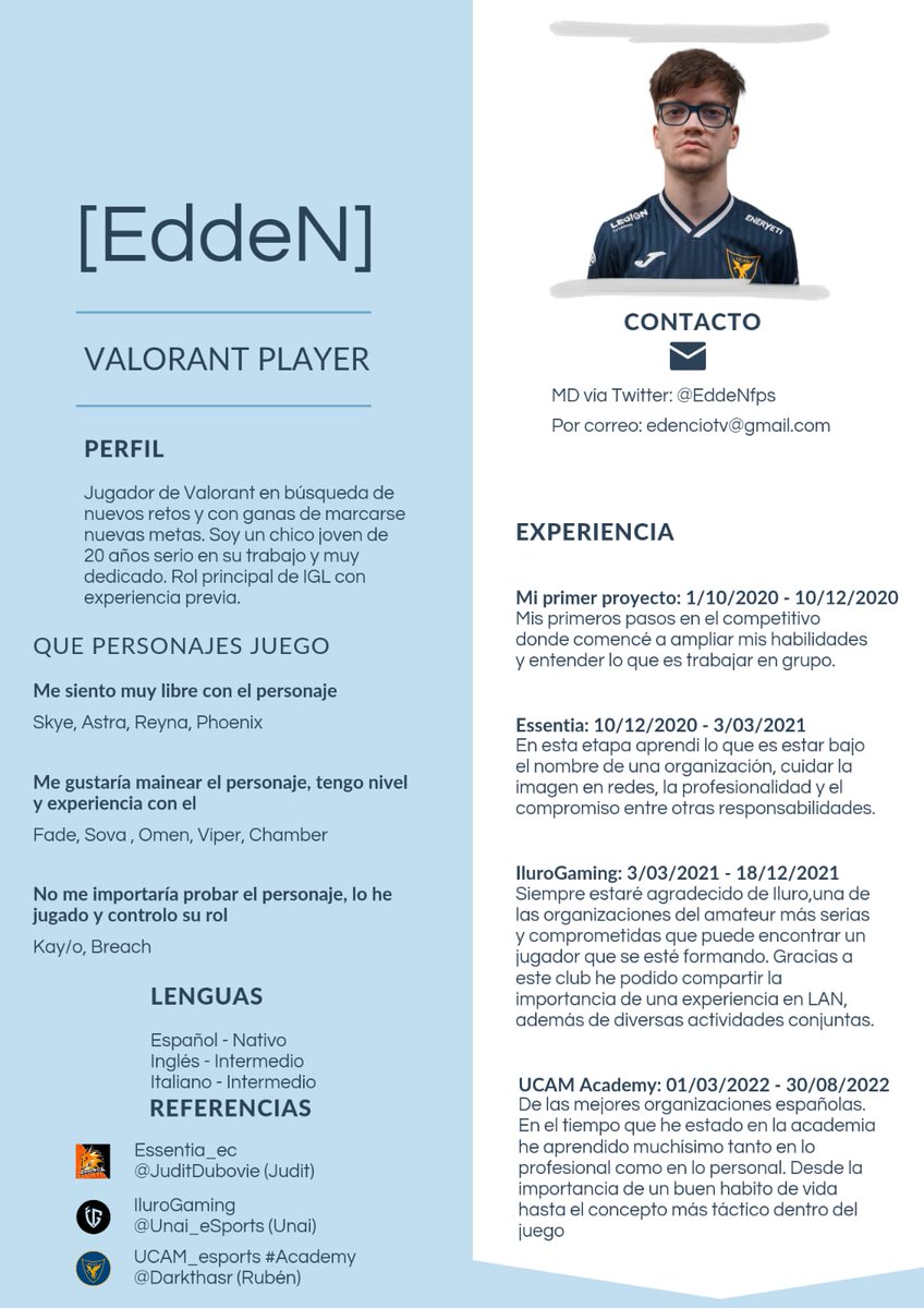 🚨¡Anunció que me encuentro F/A en búsqueda de equipo!🚨

- Jugador flexible y variedad de champ pool
- IGL rol
- Full time
- Muy motivado

Adjunto mi CV con la información más relevante.

Se aprecian RT's ❤️

📨Contacto vía DM en Twitter o Gmail: edenciotv@gmail.com