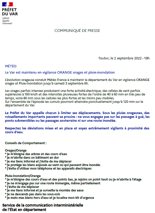 Prefet83's tweet photo. #METEO83 | 🟠Ce vendredi 2 septembre à 19h, l’évolution orageuse conduit Météo France à maintenir le département du Var en vigilance ORANGE orages ⚡️ et pluie-inondation🌧️ jusqu’à samedi 3 septembre 6h
⚠️Restez prudents dans vos déplacements https://t.co/xonC6puXch