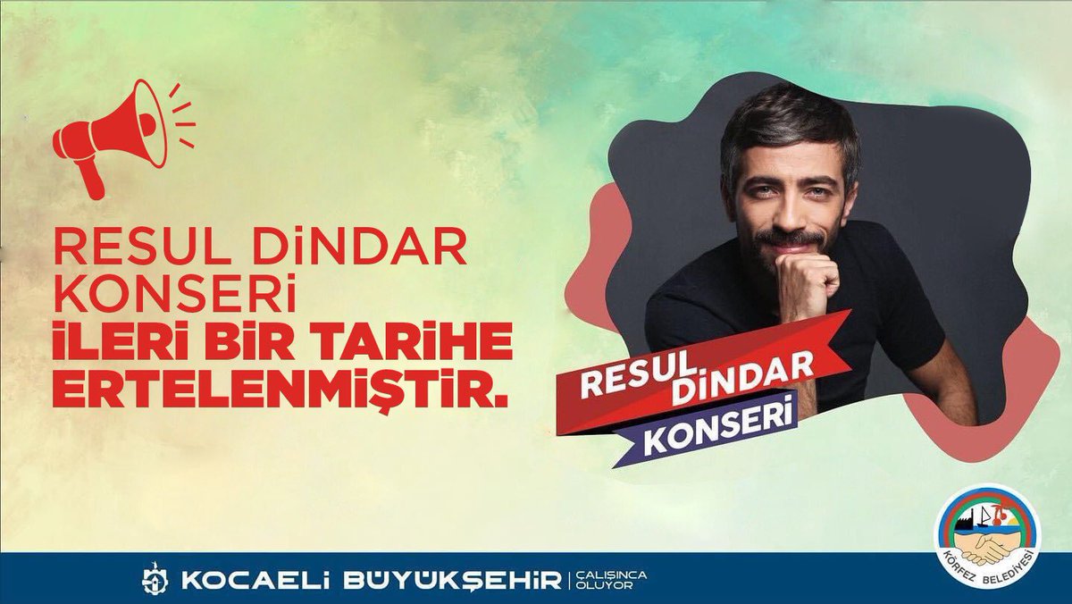 senersogut's tweet image. 🔊 DUYURU 

•Kocaeli Büyükşehir Belediyemiz ile birlikte 3 Eylül Cumartesi günü gerçekleştireceğimiz #ResulDindar Konseri ileri bir tarihe ertelenmiştir. 

Tüm vatandaşlarımıza duyurulur.
