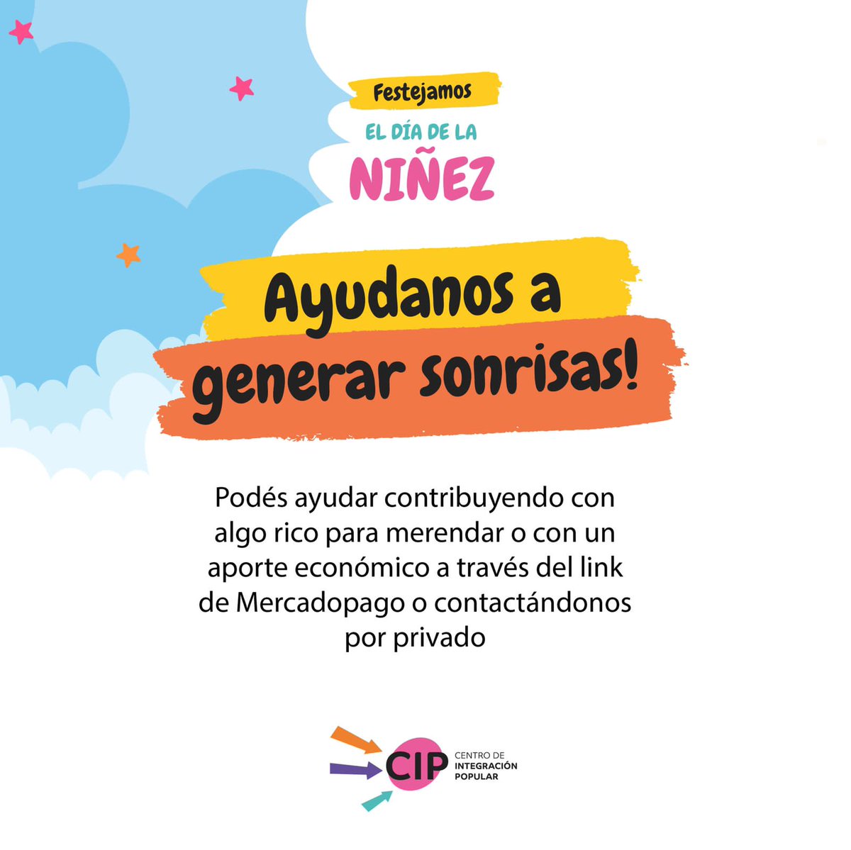 Este Domingo 4/9 festejamos el día de la niñez en Villa Alba y necesitamos de tu ayuda 🌈♥️
 
👉🏼 Podes colaborar con lo que puedas, la recaudación será destinada para compartir una rica merienda y para que cada niño/a tenga su sorpresa. 

🔗 link.mercadopago.com.ar/centrodeintegr…