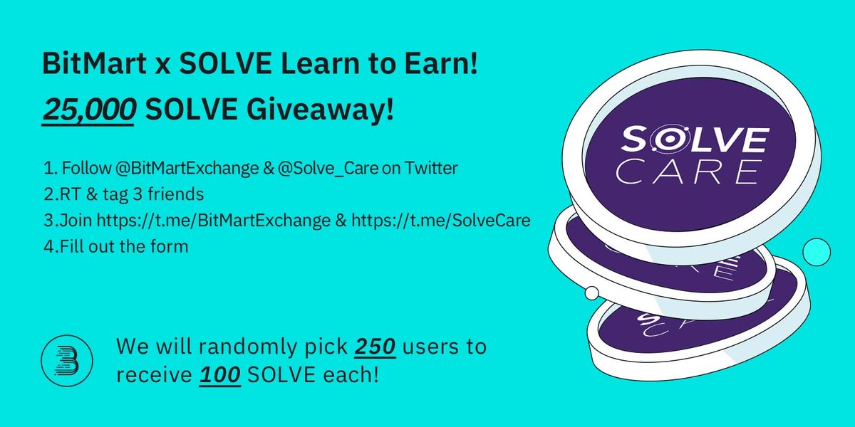 🎉To celebrate <a href="/Solve_Care/">Solve Care 💎</a>'s launch of Care.Labs wallet, we give away 25,000 SOLVE to 250 winners!
 
1⃣Follow <a href="/BitMartExchange/">BitMart</a> &amp; <a href="/Solve_Care/">Solve Care 💎</a> 
2⃣RT &amp; @ 3frds 
3⃣️Join t.me/BitMartExchange &amp; t.me/SolveCare
4⃣️Fill forms.gle/B6mSQovcBQc2vd…
 
⏰ Enter by Sep 7 at 4PM UTC