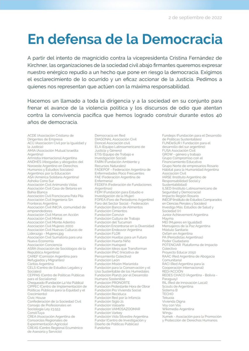 A partir del intento de magnicidio contra la vicepresidenta Cristina Fernández de Kirchner, queremos expresar nuestro enérgico repudio a un hecho que pone en riesgo la paz.

#OSCporlademocracia