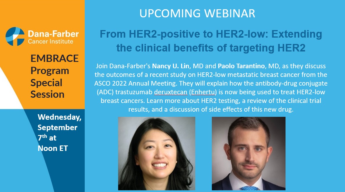 Join @nlinmd and @PTarantinoMD on Wed Sept 7th as they discuss the outcomes of a recent study on #HER2low metastatic #BreastCancer presented at #ASCO22. 
Register for the webinar here: dfci.zoom.us/webinar/regist…