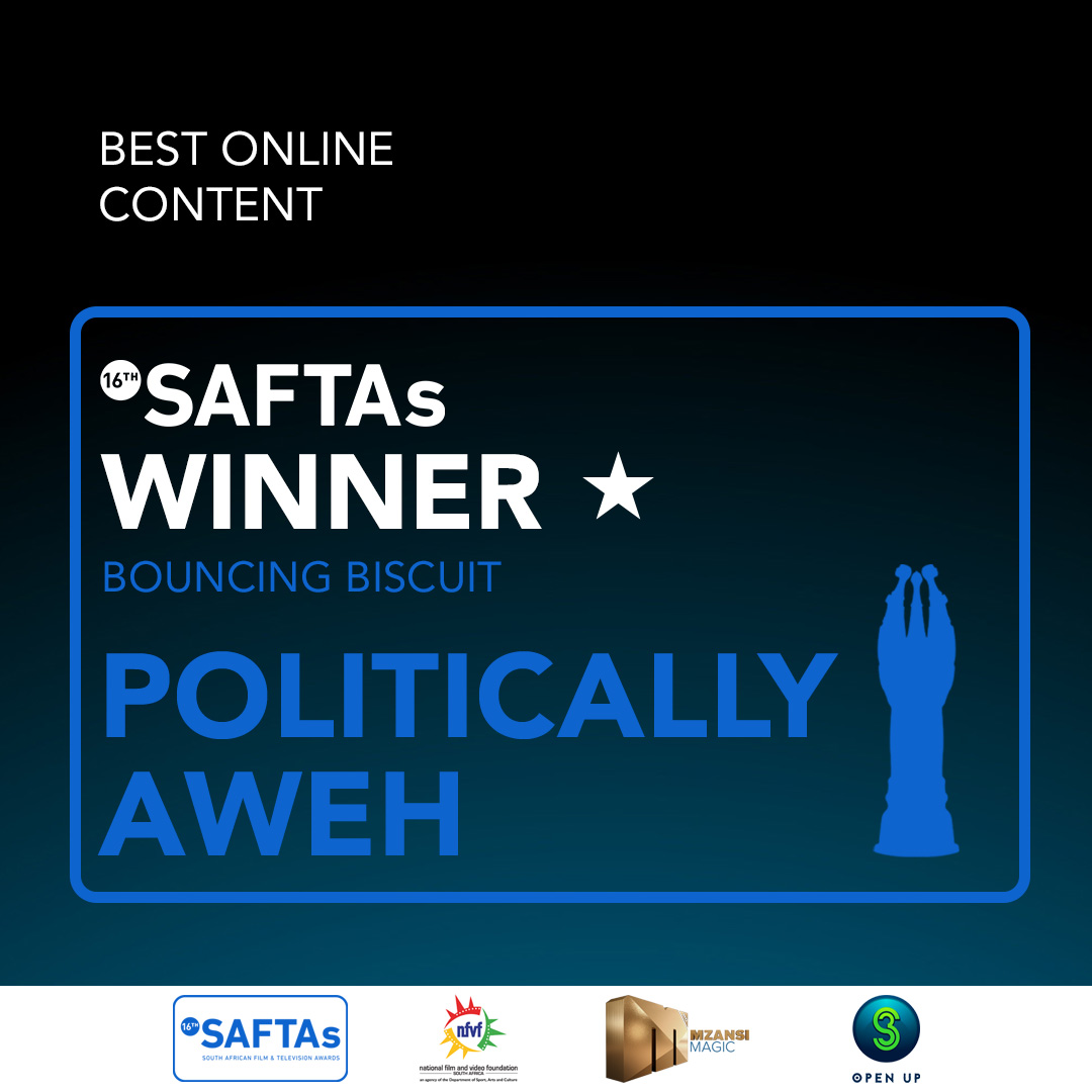 Congrats to #PoliticallyAweh by <a href="/BouncinBiscuit/">Bouncing Biscuit Studios</a> for winning the category of Best Online Content. #SAFTAs16