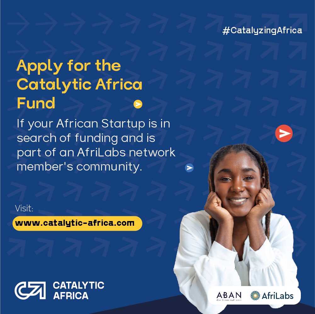 Is your African Startup in search of funding and part of an AfriLabs network member's community?

Apply for the <a href="/AfricaCatalytic/">Catalytic Africa</a> Fund!

Apply here: catalytic-africa.com &amp; get feedback in 3 weeks!

#CatalyticAfrica #CatalyzingAfrica #Africa <a href="/ABANAngels/">ABAN Angels</a>
