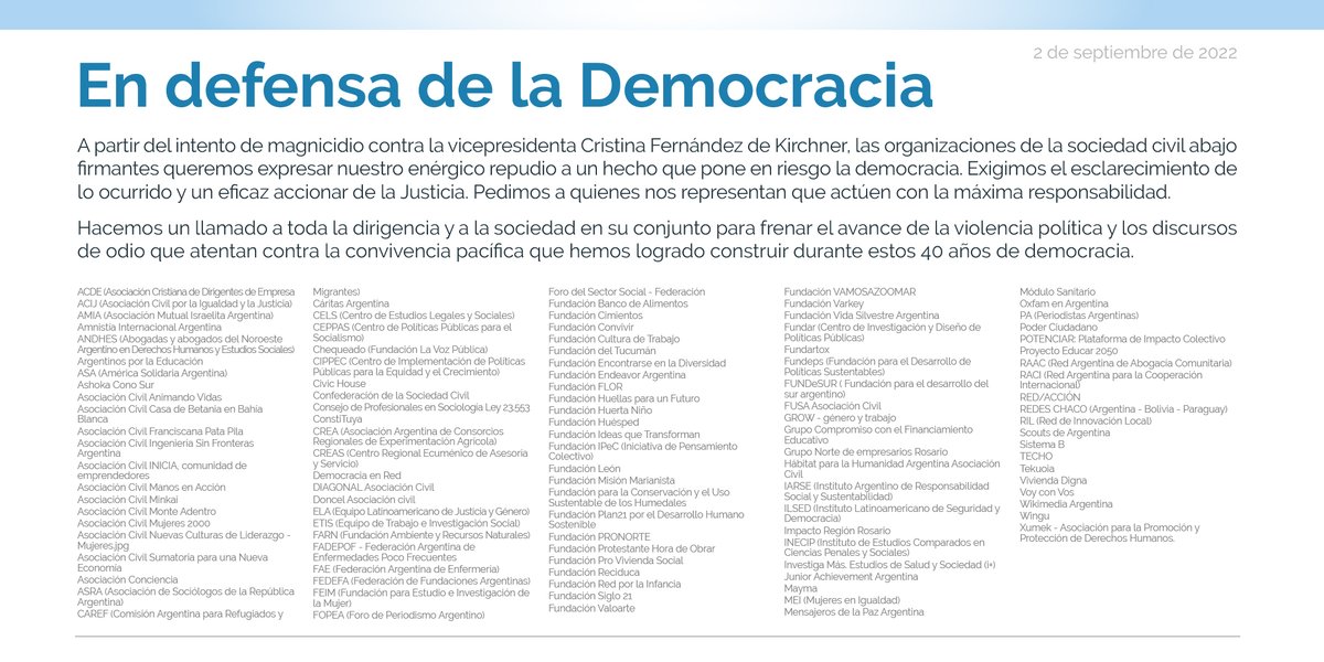 🇦🇷 A partir del intento de magnicidio contra <a href="/CFKArgentina/">Cristina Kirchner</a>, 110 organizaciones de la sociedad civil llamamos a frenar el avance de la violencia política y los discursos de odio que atentan contra la convivencia pacífica lograda en estos 40 años de democracia.

#OSCporlademocracia