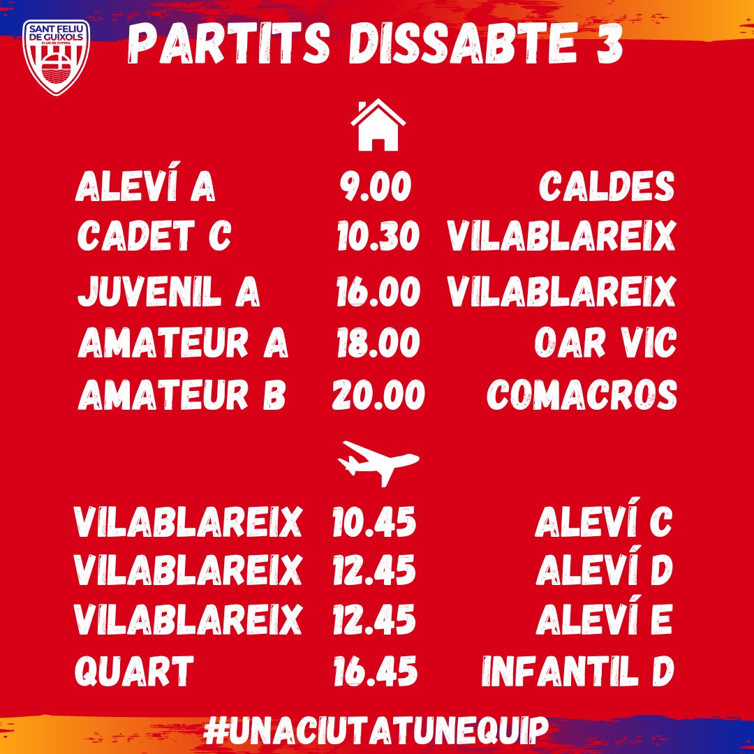 cfsfeliuguixols's tweet photo. 🔵🔴🟠 AIXÒ ARRENCA!! 🔵🔴🟠
📆 Us deixem els partits d'aquest cap de setmana, al Municipal de Vilartagues i a domicili!

#launióensfamésforts #unaciutatunequip #futbolgironí #cfsfg https://t.co/E2IYmpm8DV