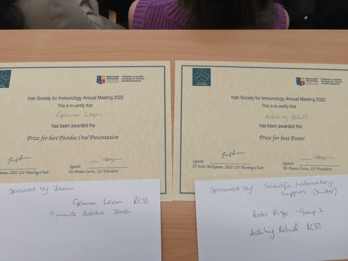 Congrats to Gemma Leon (best postdoc oral presentation) and Aisling Rehill @AislingRehill (best poster) from our lab, for their prizes at the Irish Society for Immunology @Irishimmunology annual conference. Preston lab done good!😀 @IrishCtrVascBio @RCSI_Irl