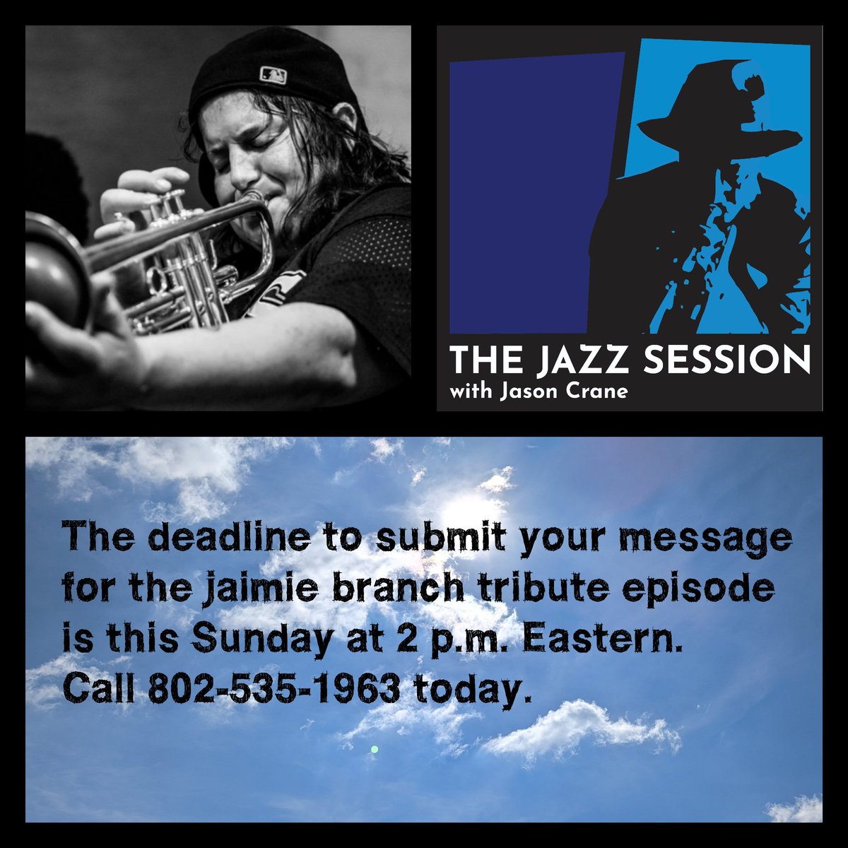 JazzSesh's tweet photo. Calls are coming in but I'd like several more. Please call 802-535-1963 and leave your message about #jaimiebranch.

#jazz #trumpet #tribute https://t.co/TxHhZ2ZjoP