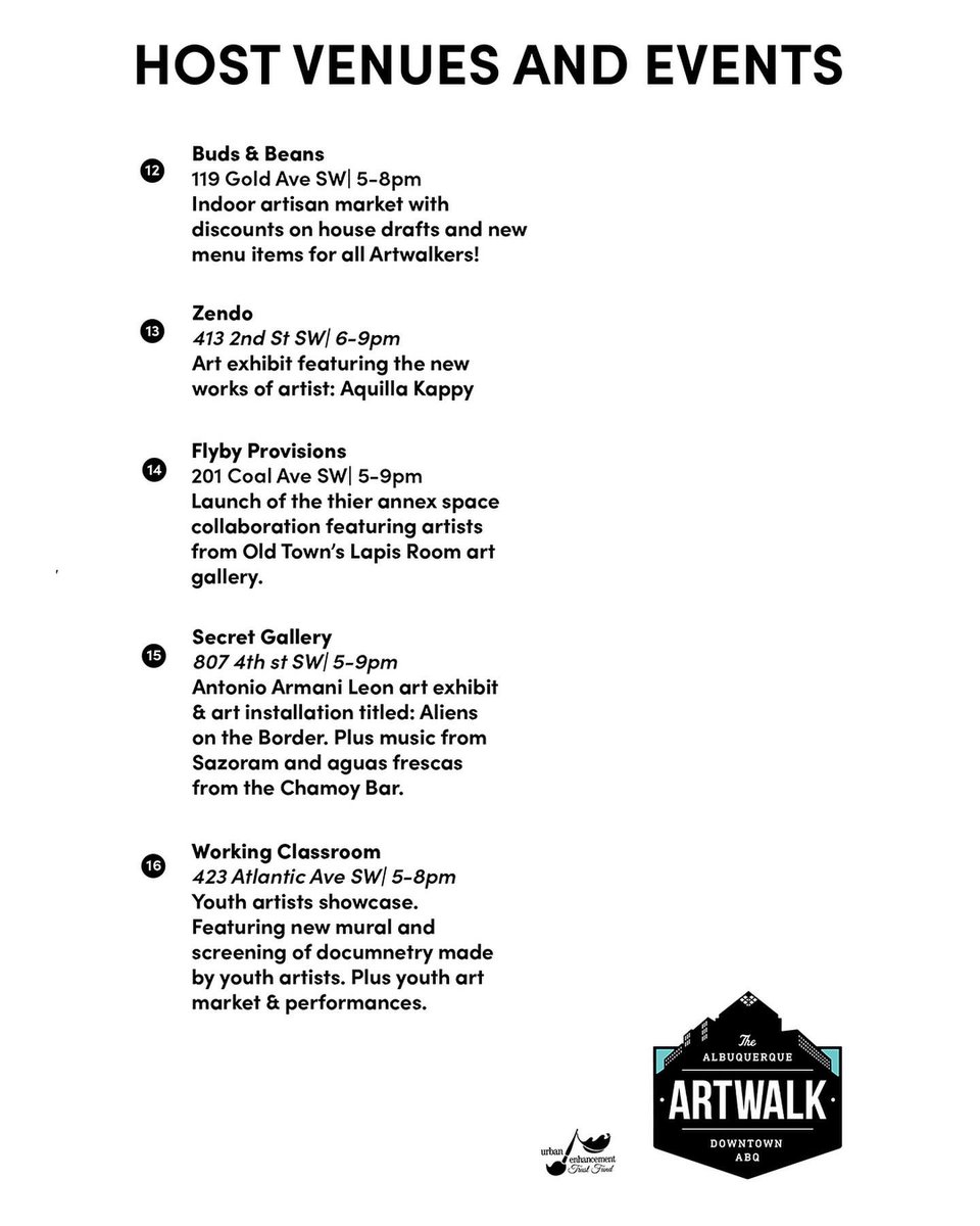 TONIGHT is ABQ ARTWALK! Here is the map and listings of where to find our artists, exhibits, markets and performers! Grab this month’s Lady JennD edition found at listed locations. Join us tonight 5-9pm for ABQ Artwalk!

abqartwalk.com/eventsmap