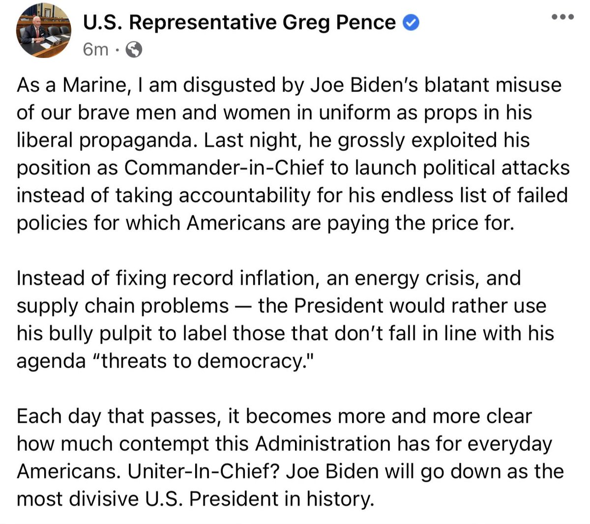 RepGregPence's tweet photo. My statement on Joe Bidenโs speech last night. https://t.co/WItNG97CNY
