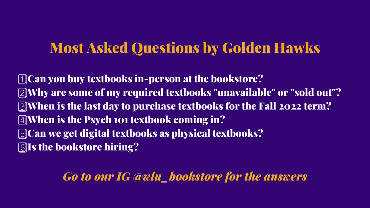 You asked and we answered! Find out the answers to the most asked questions by Golden Hawks during our Q&A session. Head over to our IG @/wlu_bookstore for the answers! 💜💛