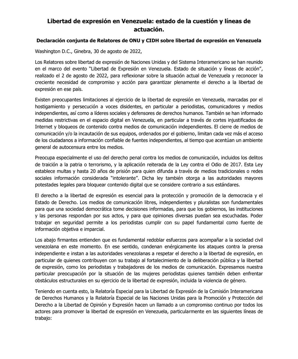 Gabriel_diazG94's tweet photo. ÚLTIMA HORA | ONU y OEA emiten declaración conjunta sobre Venezuela: “Existen preocupantes limitaciones al ejercicio de la libertad de expresión” https://t.co/RivN9HPttx