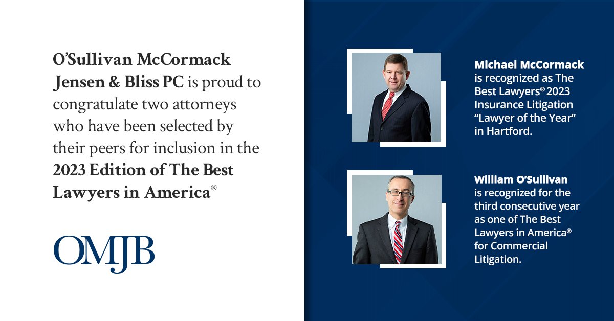 OMJBPC's tweet photo. O’Sullivan McCormack Jensen &amp; Bliss PC is proud to congratulate two of our attorneys on their inclusion in the 2023 Edition of The Best Lawyers in America®.

To learn more visit: https://t.co/WRt61FU8SZ 

#BestLawyers #InsuranceLitigation https://t.co/q6EsFLqK4O