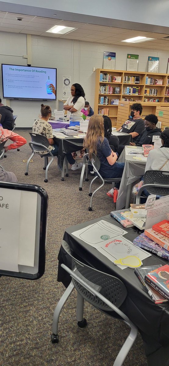 My <a href="/rvhs/">Ridge View High School: A Med Pro Magnet</a> Reading Seminar geniuses are indulging in a ""Book Tasting" so they can "Eat A Book" some day. 😋 😀 Big thanks to <a href="/MsKing_RVHSLib/">Aria King, SLIS</a> &amp; <a href="/LikelyLibrarian/">Andrea Harmon</a> for this awesome setup! <a href="/BlazerAcademy/">Blazer Academy</a> <a href="/RichlandTwo/">Richland School District Two</a> <a href="/DrBrendaMack/">DrMack</a> <a href="/CharraiH/">Dr. Charrai Hunter</a> #readingforpleasure #Readingcorner #Reading