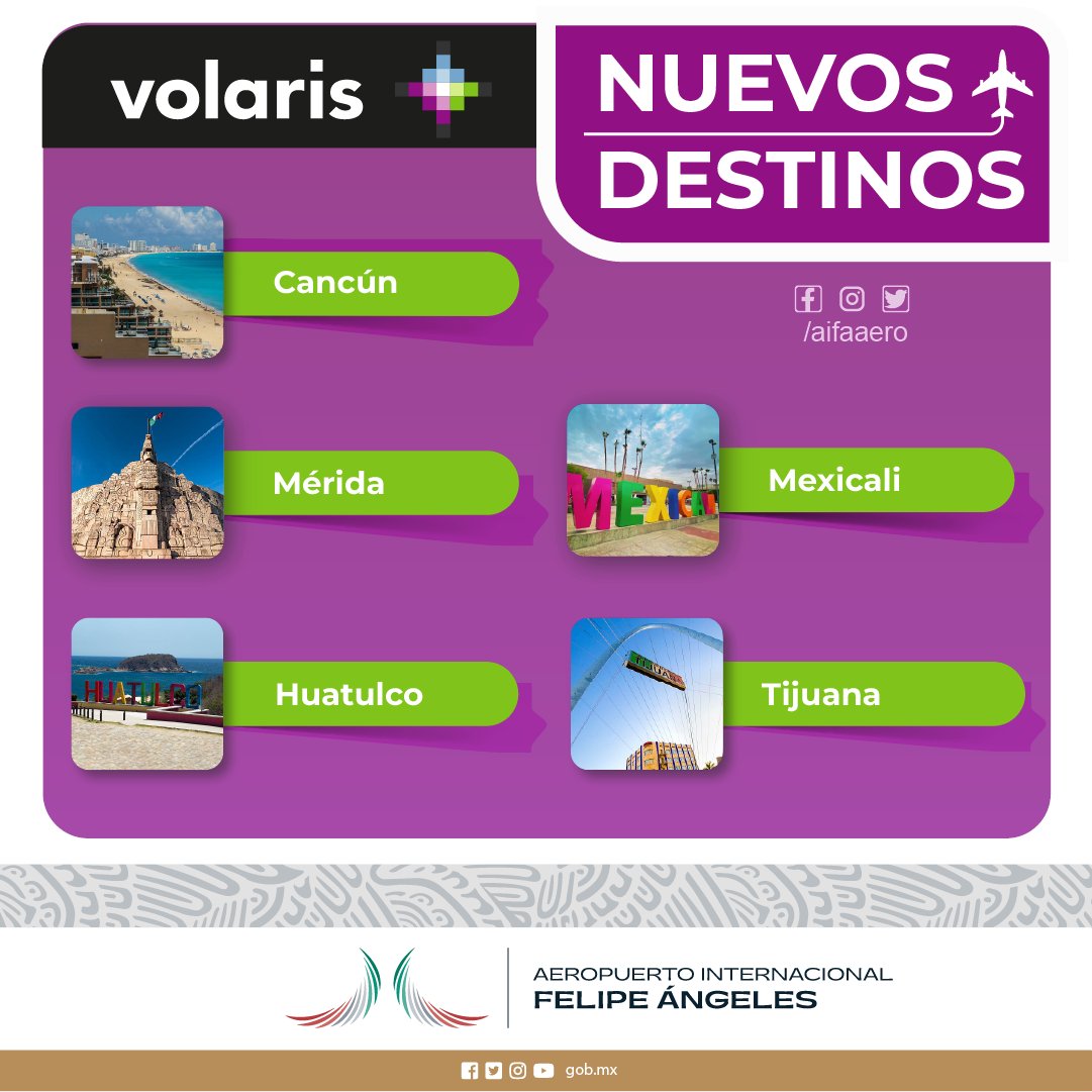 aifaaero's tweet photo. Te presentamos los nuevos destinos que las aerolíneas tienen para ti. 

¿Qué esperas? Consiéntete y viaja. 

#AIFA #Aeropuerto #FelipeÁngeles #NuevosDestinos #RutasAéreas #Viaje #Aerolíneas https://t.co/xbnCOaAOX5