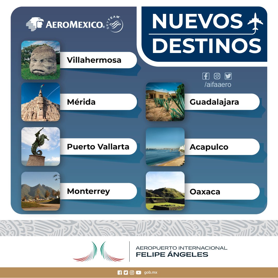 aifaaero's tweet photo. Te presentamos los nuevos destinos que las aerolíneas tienen para ti. 

¿Qué esperas? Consiéntete y viaja. 

#AIFA #Aeropuerto #FelipeÁngeles #NuevosDestinos #RutasAéreas #Viaje #Aerolíneas https://t.co/xbnCOaAOX5