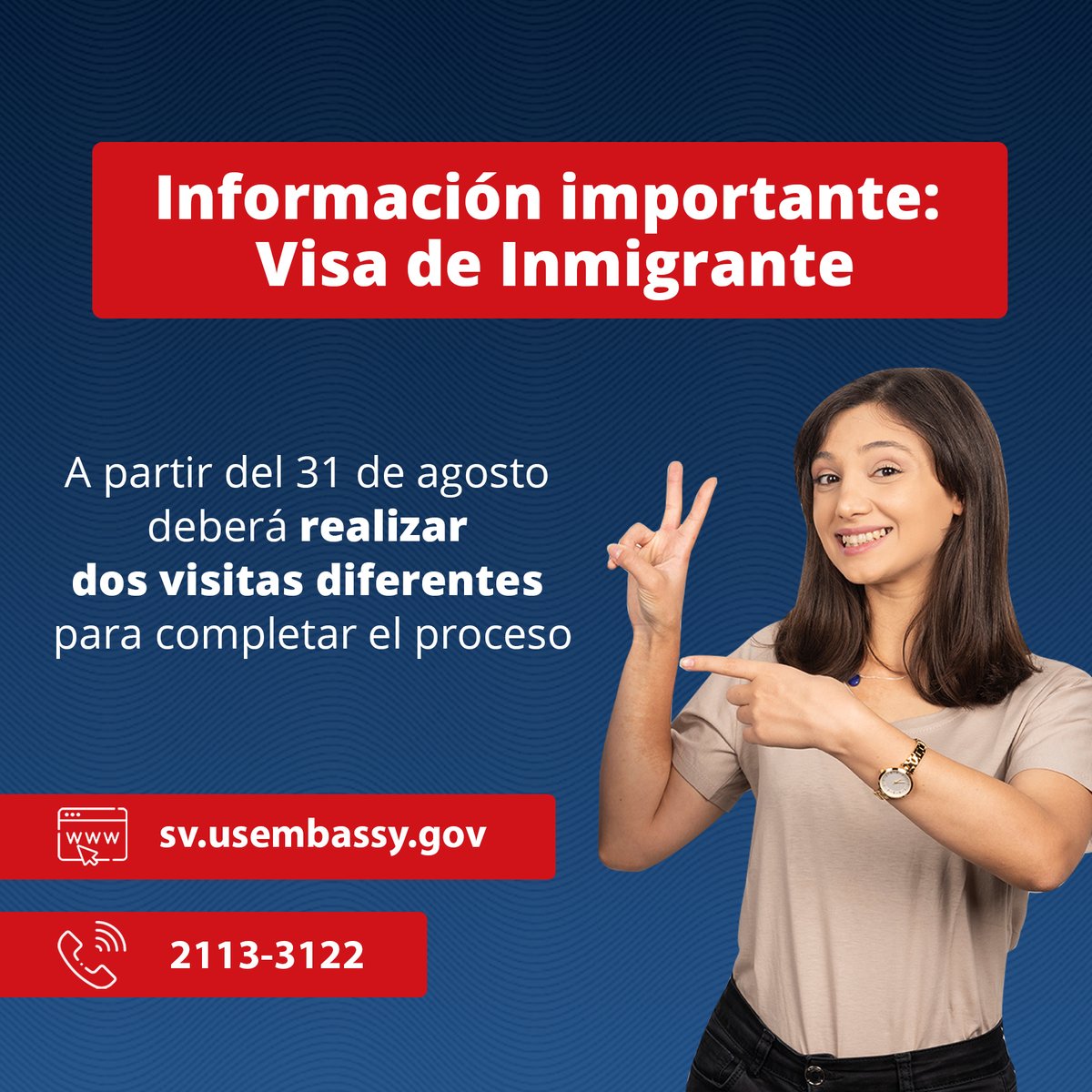 Le recordamos que si usted tiene una entrevista para Visa de Inmigrante programada para después del 31 de agosto de 2022, ahora deberá realizar dos visitas diferentes para completar el proceso. Ponemos a su disposición la información: sv.usembassy.gov/es/visas-es/im…