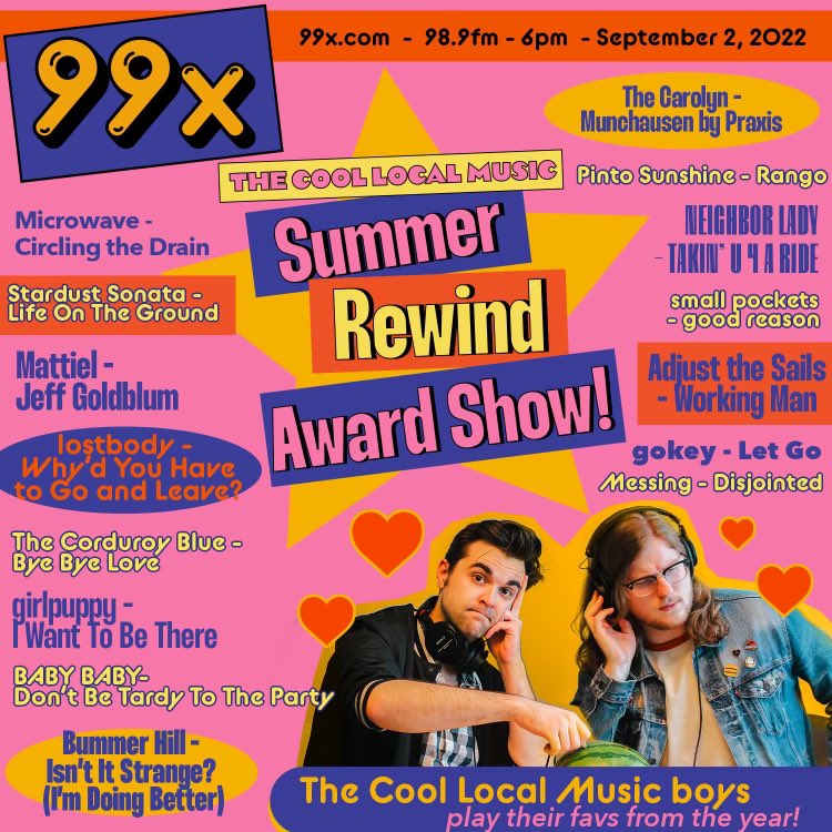 coollocalmusic's tweet image. It’s the highly anticipated, first annual Cool Local Music Summer Rewind Award Show! All the stars are out tonight on @99x as Evan and Garrett play some of their favorite cool local tunes from Summer 2022!