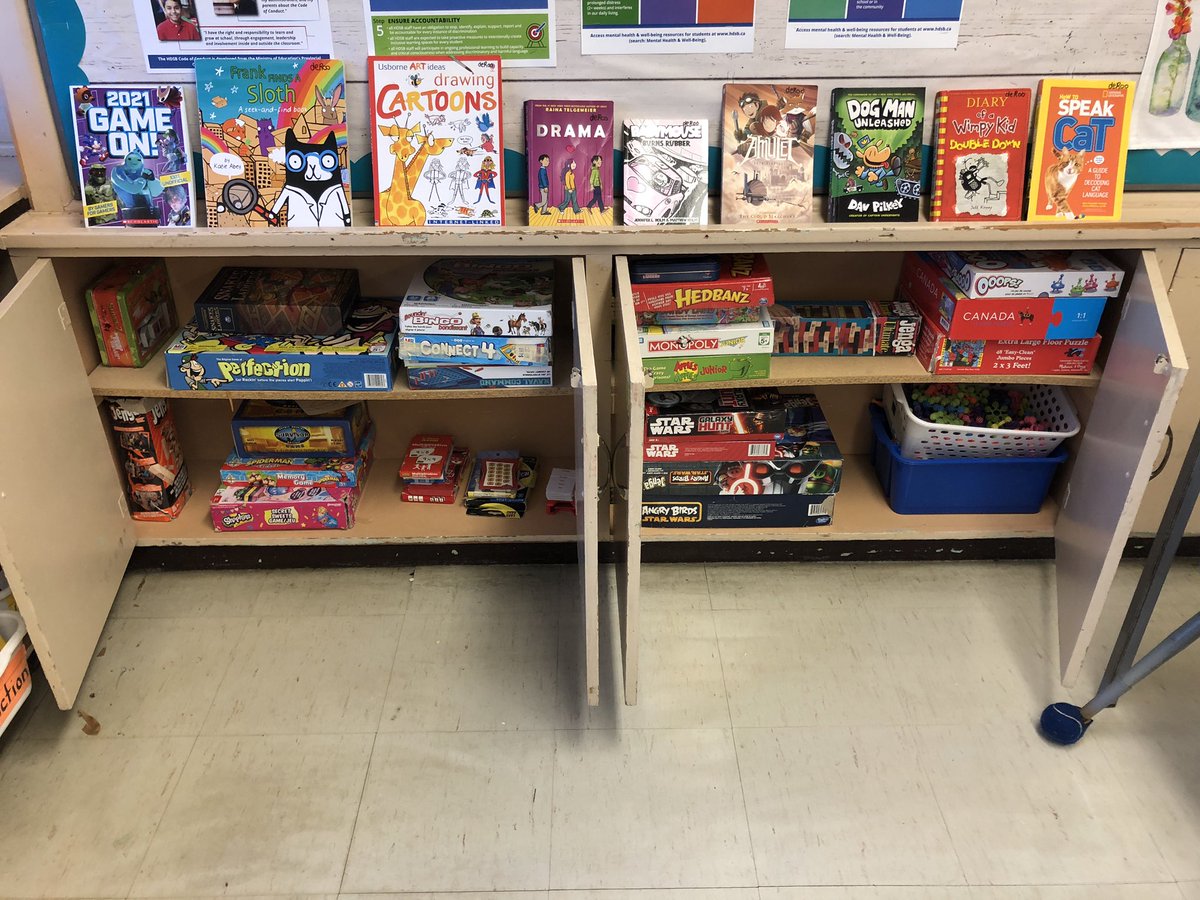 Getting ready to welcome back 4-1 and 4/5 FI with lots of new books and indoor recess activities.