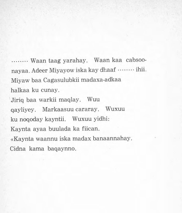 arkijireyddoon's tweet photo. reading a somali children's book from 1978 about an ciyaalsuuq mouse who refuses to obey his mother and ends up being eaten by a cat named Miyaw https://t.co/Tak4vbRjgS