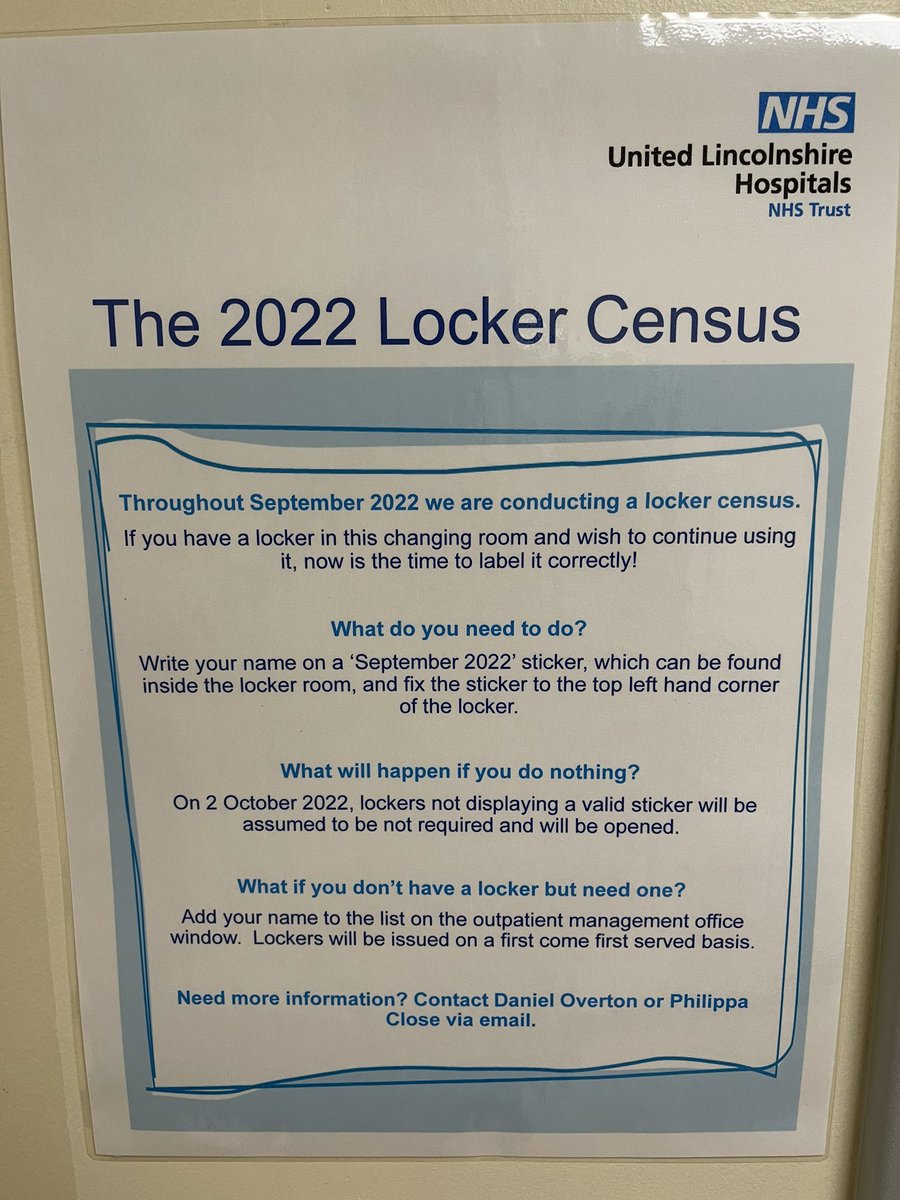 Daniel Overton 🏥👨⚕️ (@eyesnurse) on Twitter photo If you work in <a href="/Team_OP_LCH/">Team Lincoln Outpatients</a> or use the changing rooms in Clinic 11, make sure you follow the instructions for this years locker census.
Come October unlabelled lockers will be opened to make them available to staff who don’t currently have access to one. <a href="/ULHTWellbeing/">ULHT Staff Wellbeing</a> If you work in <a href="/Team_OP_LCH/">Team Lincoln Outpatients</a> or use the changing rooms in Clinic 11, make sure you follow the instructions for this years locker census.
Come October unlabelled lockers will be opened to make them available to staff who don’t currently have access to one. <a href="/ULHTWellbeing/">ULHT Staff Wellbeing</a>