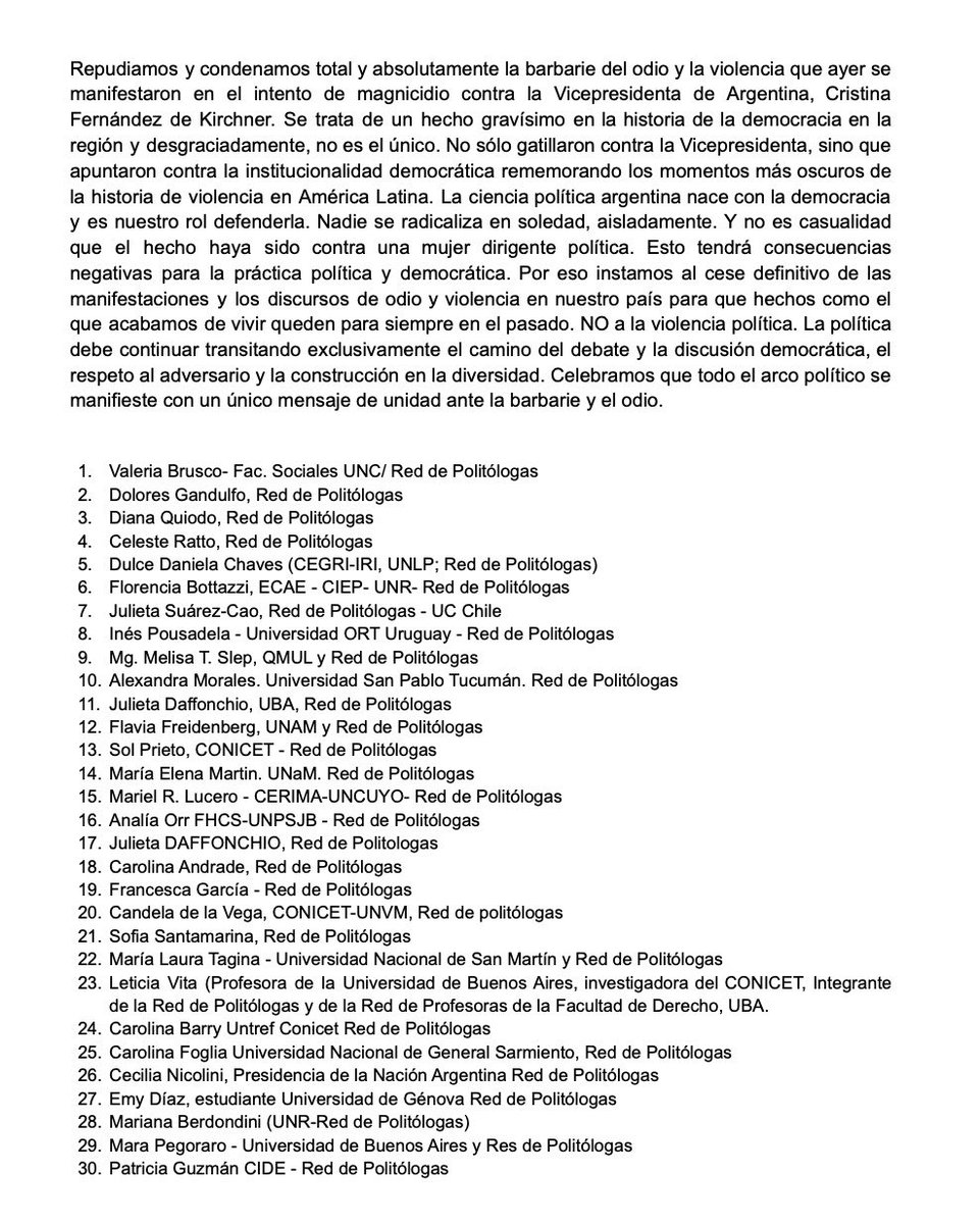 flaviafrei's tweet photo. 💥🗯Junto a más de 100 colegas de la Red de Politologas adhiero a este pronunciamiento colectivo por la democracia y en repudio al intento de magnicidio sufrido por la Vicepresidenta Dra. Cristina Fernández de Kirchner. #NoALaViolenciaPolítica 🙏 https://t.co/1Beu5vfmtj