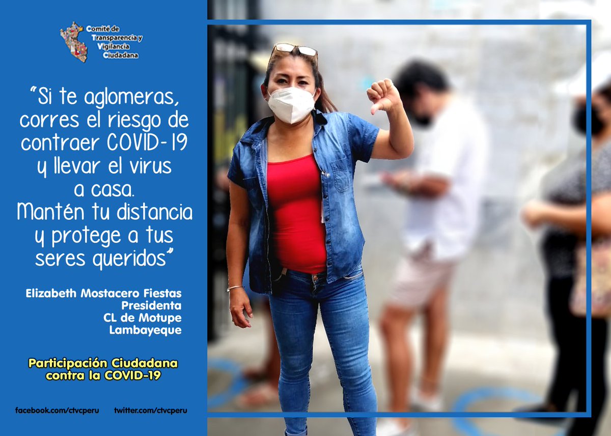 ctvcperu's tweet photo. #CTVCteCuida l Elizabeth Mostacero, presidenta del comité local de Motupe, Lambayeque, exhorta a mantener la distancia y no hacer ni permitir aglomeraciones.
📍#ParticipaciónCiudadana contra la #COVID19
#CTVCenAcción #CTVCtips @Minsa_Peru @OPSOMSPeru https://t.co/6hXlKzJ1FQ