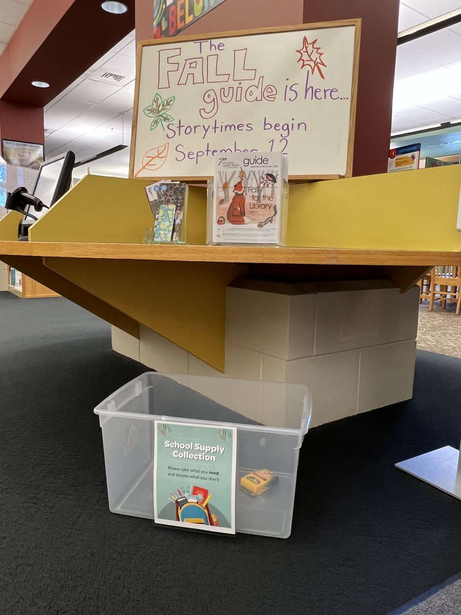 Donate #schoolsupplies or take what you need! Drop items off in the supply bin under the table in Youth Services, or pick out the items you need.