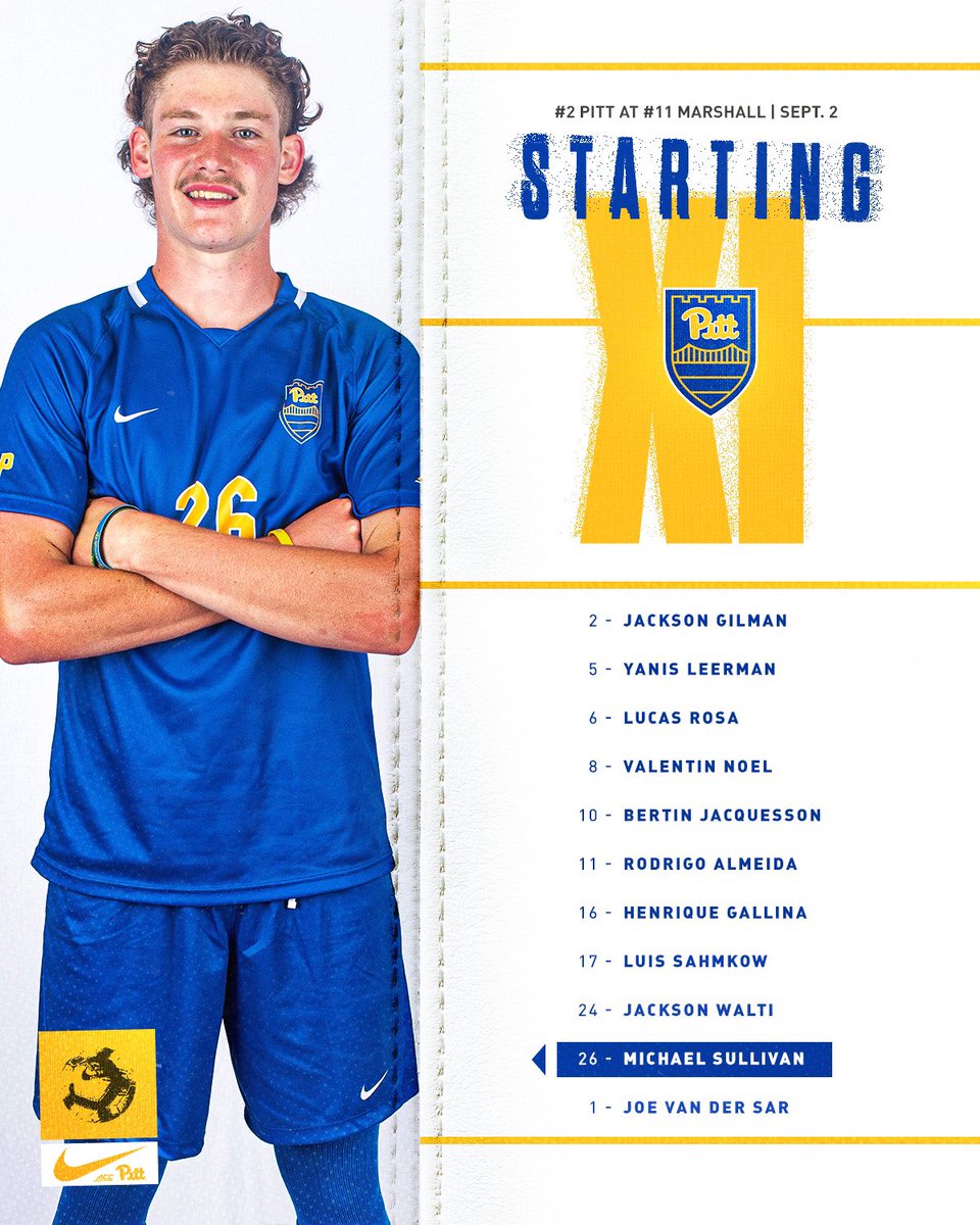 Pitt_MSOC's tweet image. Starting XI tonight vs. Marshall ⤵️

Sophomore @Msullivan_09 earns his first career start for the Panthers.

#H2P