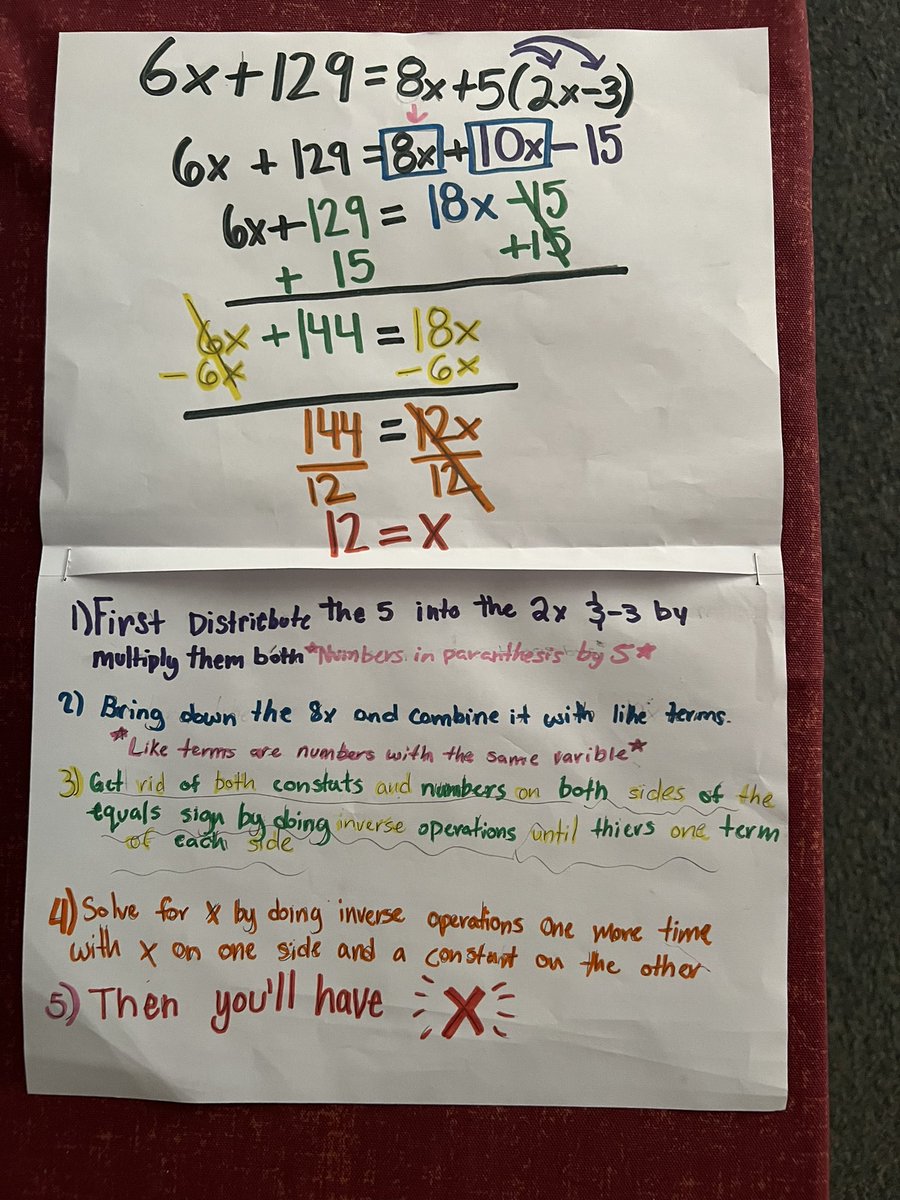 RubiWynne's tweet photo. When you tell your students you want a detailed explanation on how to solve an equation (colorful and legible) and this is what they give you! ❤️❤️❤️👩🏻‍🏫 https://t.co/Ri9TXZ8PXM