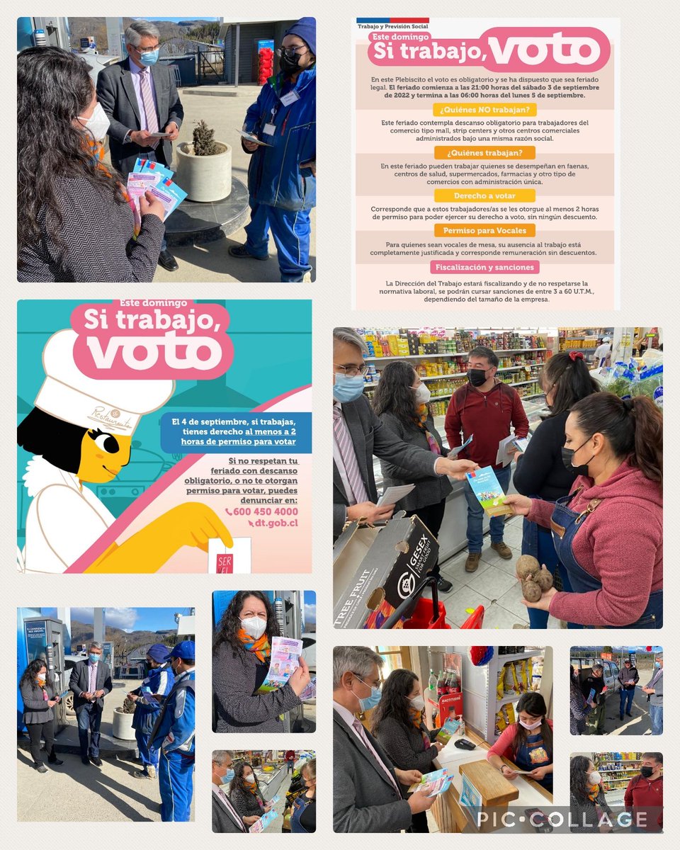 MintrabAysen's tweet photo. 📍#Cochrane
#SiTrabajoVoto🗳
Desde el territorio el Seremi RodrigoDíaz junto a la @DPPCapitanPrat MartaMontiel  difundieron en el comercio que si este domingo 4 Sept deben trabajar, tienen derecho a un permiso de al menos 2 horas para votar, sin descuento en sus remuneraciones 👀 https://t.co/IxqtdnjJ0q