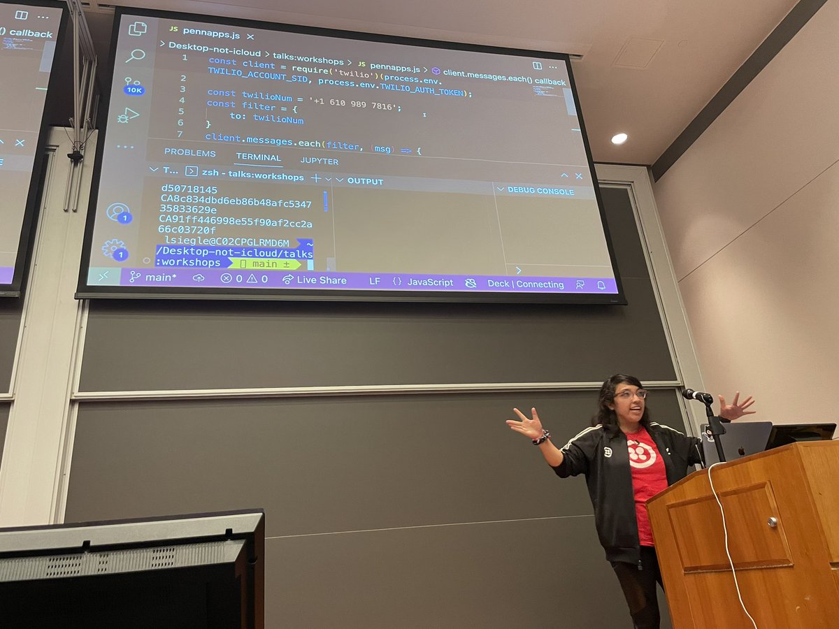 Seeing <a href="/lizziepika/">Lizzie Siegle</a> write code to make the audience’s phones ring with <a href="/twilio/">twilio</a> at the first <a href="/PennApps/">PennApps</a> since before COVID. She’s still got it 😎
