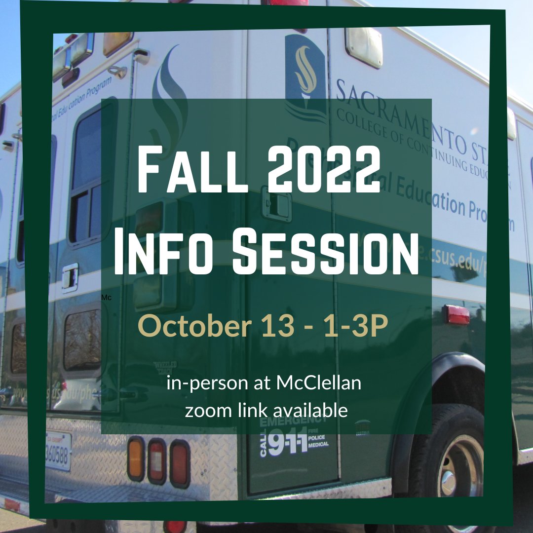 sacstatePHE's tweet photo. Mark your calendars! Our Fall Paramedic Program info session will be Oct 13 from 1-3P at our McClellan classroom. RSVP by emailing cceparamedic@csus.edu. https://t.co/VeChTgTs1K