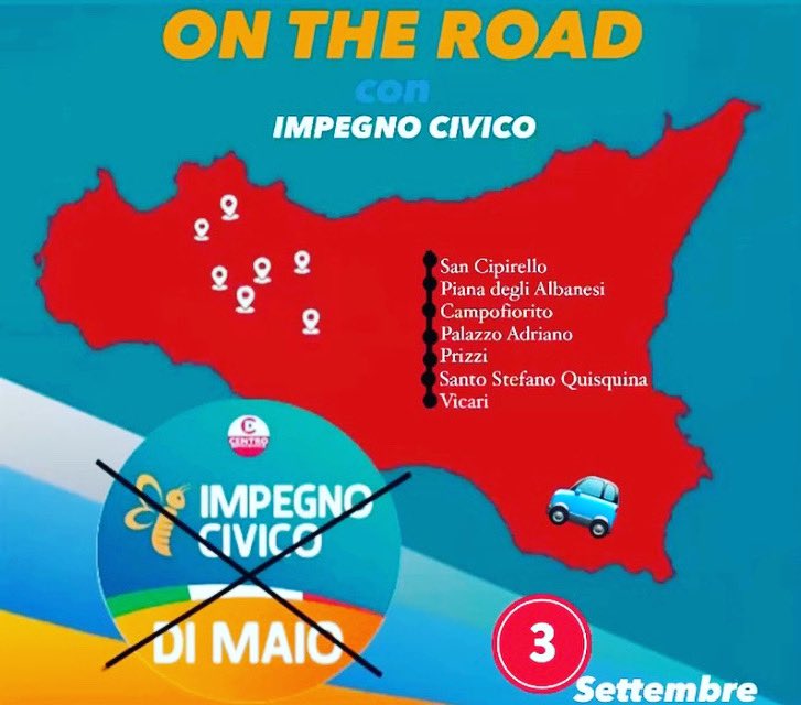 cinzialeonecl's tweet photo. On the road con #impegnocivico 
🚙 @impegno_civicoit 

 #sicilia #sancipirello #pianadeglialbanesi #campofiorito #palazzoadriano #prizzi #santostefanoquisquina #vicari https://t.co/CwQv2EqwVY