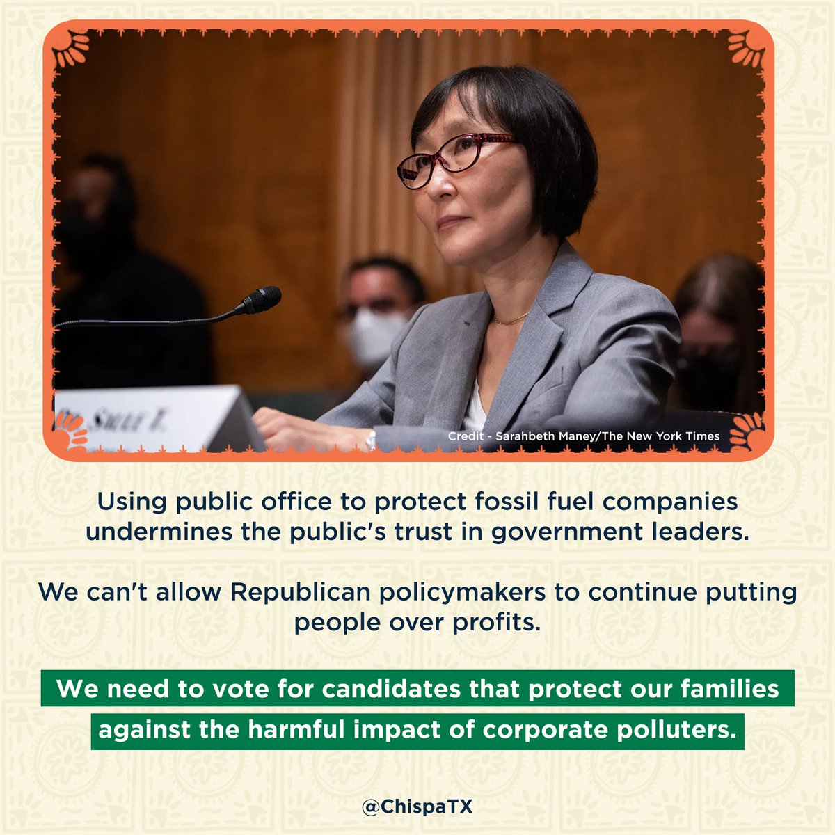 ChispaTexas's tweet photo. Public office is supposed to be for the benefit of the people, not corporations! #DontMessWithChispaTX #ClimateAction https://t.co/p5Ktvy3VGJ