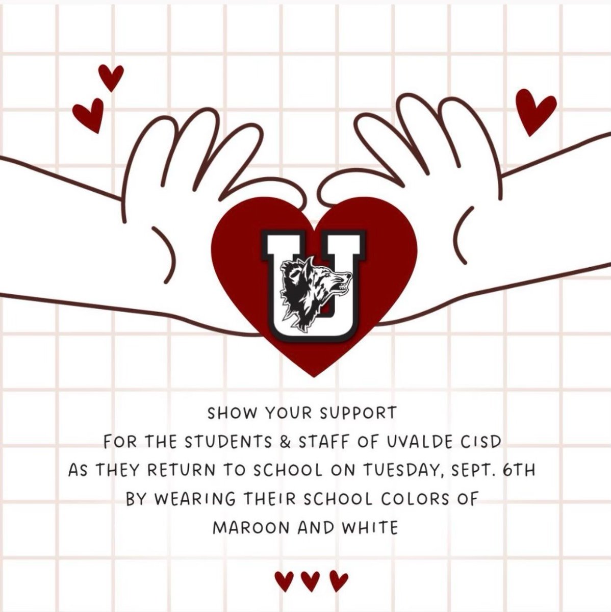ClearCreekISD's tweet image. Clear Creek ISD will join school districts across the state to show our support of Uvalde CISD as they return back to school. Students and staff are invited to wear their colors of maroon and white on Tuesday, September 6. #UvaldeStrong