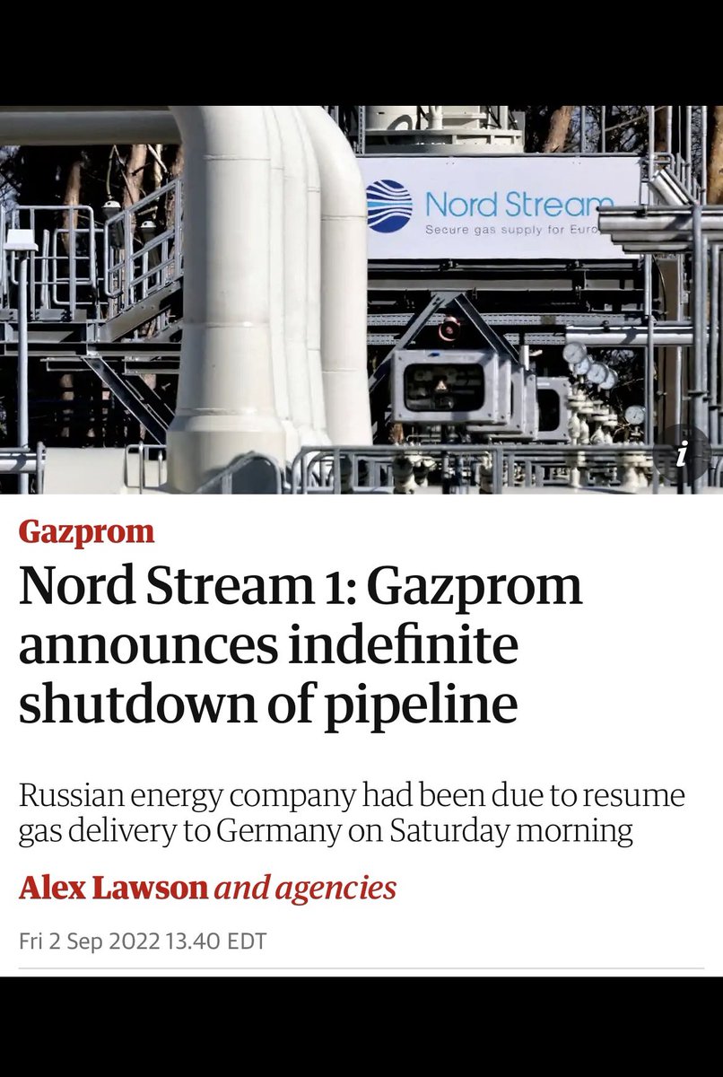 🚨BREAKING (news that should surprise nobody)🚨

Kremlin’s Gazprom announced that the #NordStream1 pipeline, which it cut flows through by up to 80% all summer, will now be shut down “indefinitely.”

There can be no return to energy business as usual with Putin’s Kremlin.

Ever.