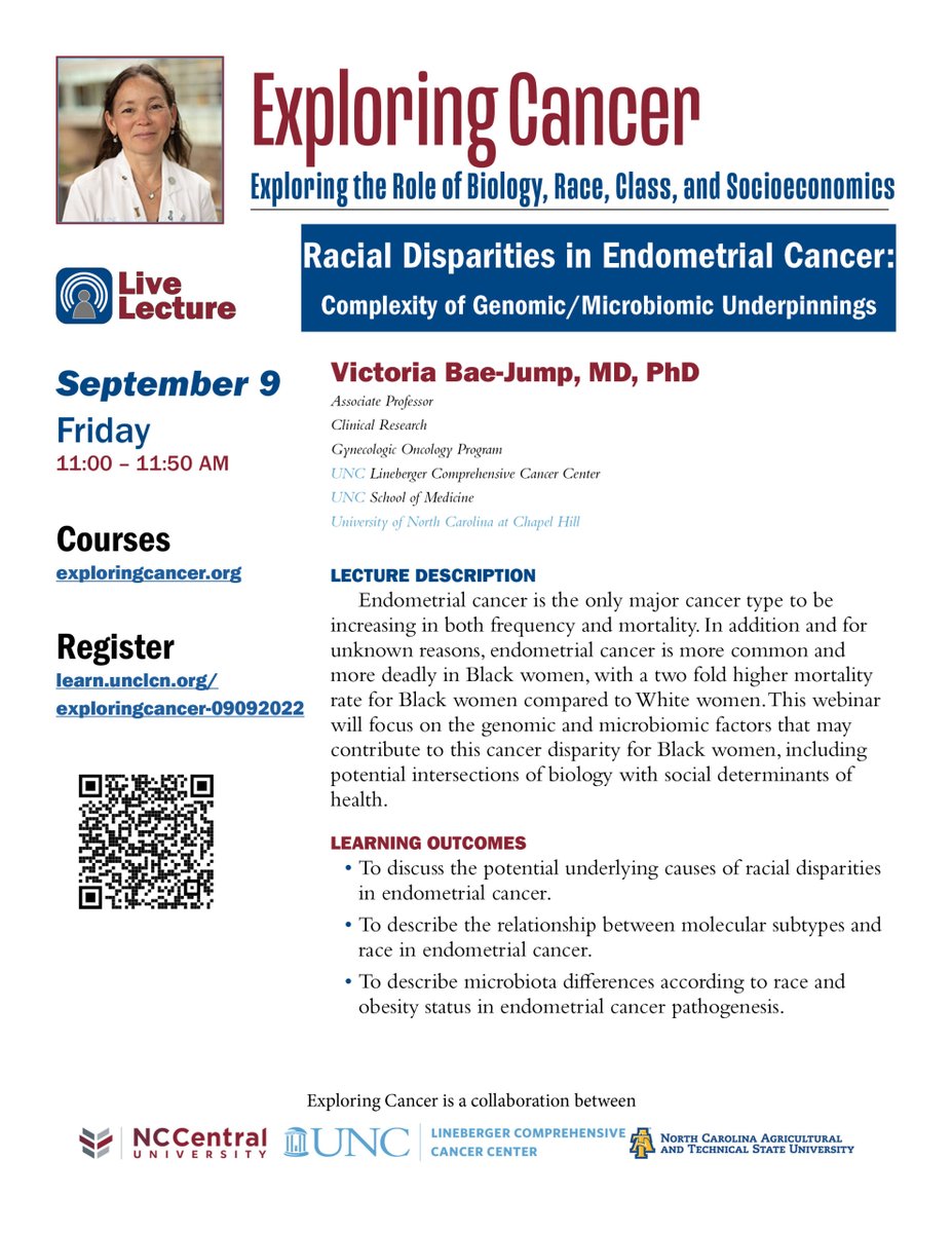 UNC_WHMC's tweet photo. Special lecture by Dr. Victoria Bae-Jump MD, PhD on racial disparities in endometrial cancer! Link to register: https://t.co/gIkXNJ7Nnf https://t.co/OTM1Cw8CsW