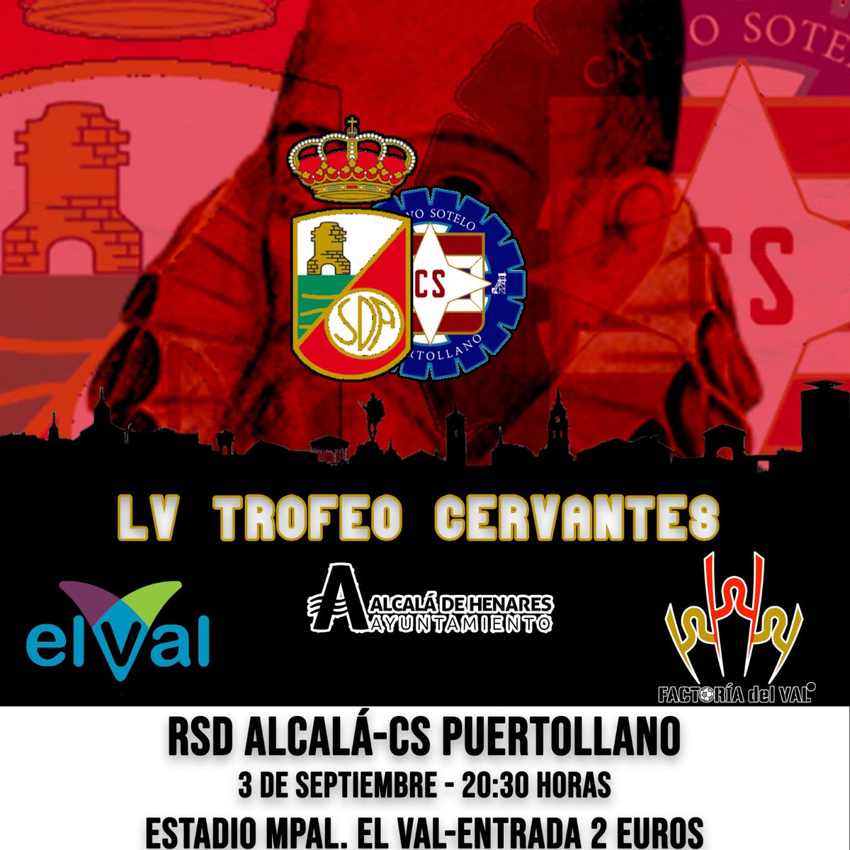TROFEO CERVANTES 🏆✒️

Es hora de disfrutar de tu equipo. Vive la fiesta del fútbol alcalaíno⚽⚽ Por solo 2️⃣ euros puedes venir al Val a apoyar a tu equipo.

⚔️ <a href="/cspuertollanocf/">CS Puertollano CF</a> 
🏟 El Val
📅 03/09
⏰ 20:30
🎫 2 €

#TuEquipo #TuCiudad