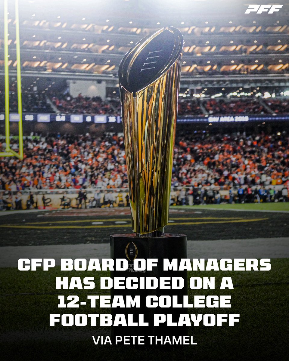 BREAKING: The College Football Playoff Board of Managers has decided on a 12-team playoff starting in 2026, per <a href="/PeteThamel/">Pete Thamel</a>.