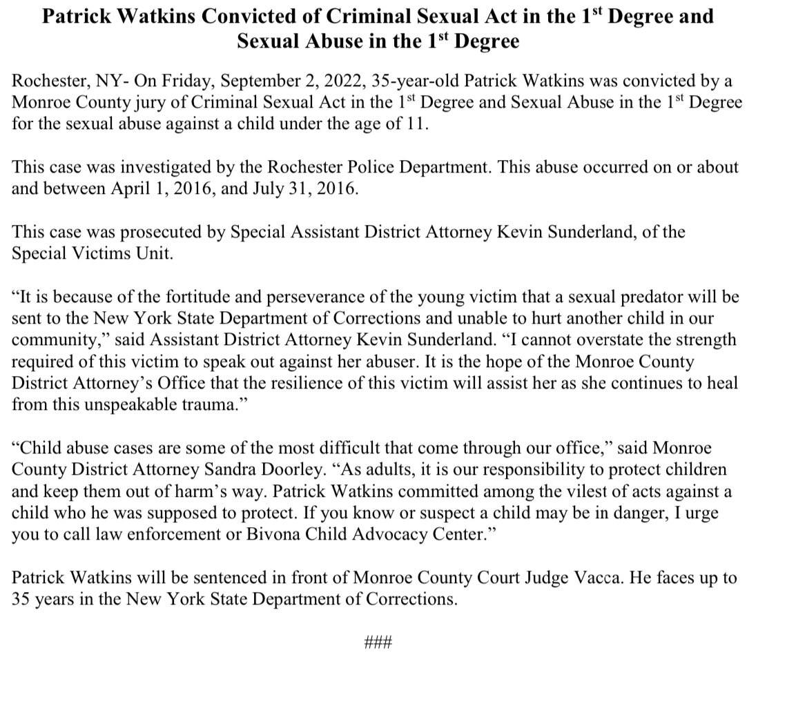 sandra_doorley's tweet photo. Patrick Watkins was convicted of Criminal Sexual Act in the 1st Degree and Sexual Abuse in the 1st Degree for the sexual abuse against a child under the age of 11. Thank you to @RochesterNYPD and ADA Sunderland for securing justice for this young victim. https://t.co/JEWtNknjRX
