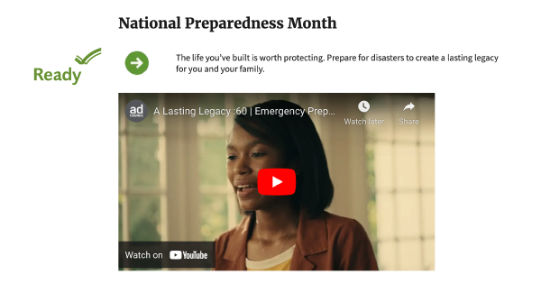 HealthISAC's tweet photo. September is US National Preparedness Month. 2022's theme is 'A Lasting Legacy'. The life you've built is worth protecting. Prepare for disasters to create a lasting legacy for you and your family.
Resources: https://t.co/munrvqza02 #operationalresiliency #healthcaremanagement https://t.co/gnpYJwl31i