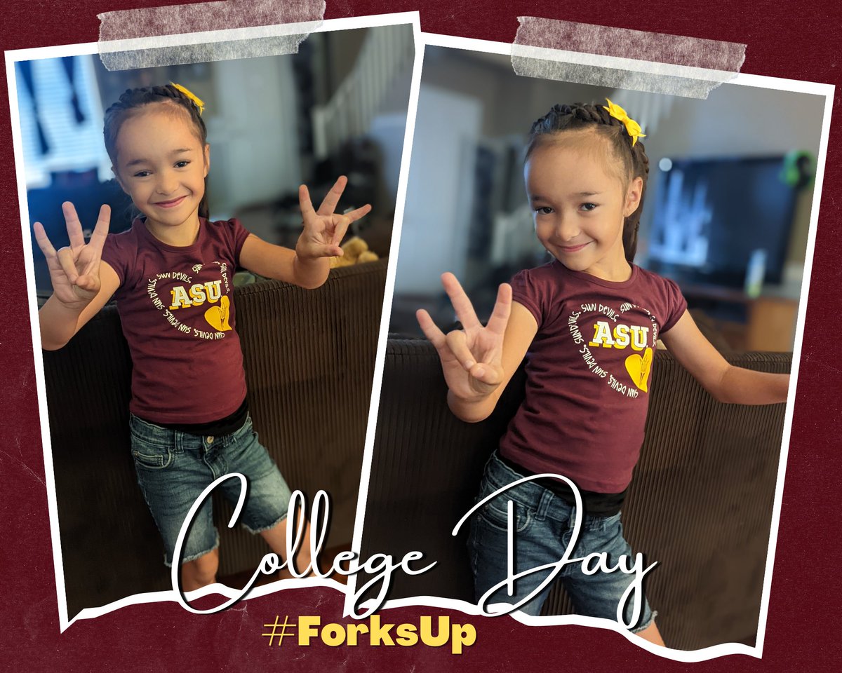 #CollegeDay at school today. She has the #ForksUp down. Following her sister's footprints. #12YearsToGo, before she can attend <a href="/ASU/">Arizona State University</a>.
