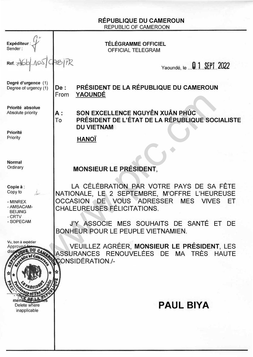 CabinetCivilPRC's tweet photo. 🇨🇲🇻🇳
Message de félicitations du Président Paul Biya à Son Excellence Nguyễn Xuân Phúc, à l’occasion de la célébration de la fête nationale, le 2 septembre 2022, de la République Socialiste du Vietnam.
#PaulBiya
#Cameroun https://t.co/4N8oGHj598