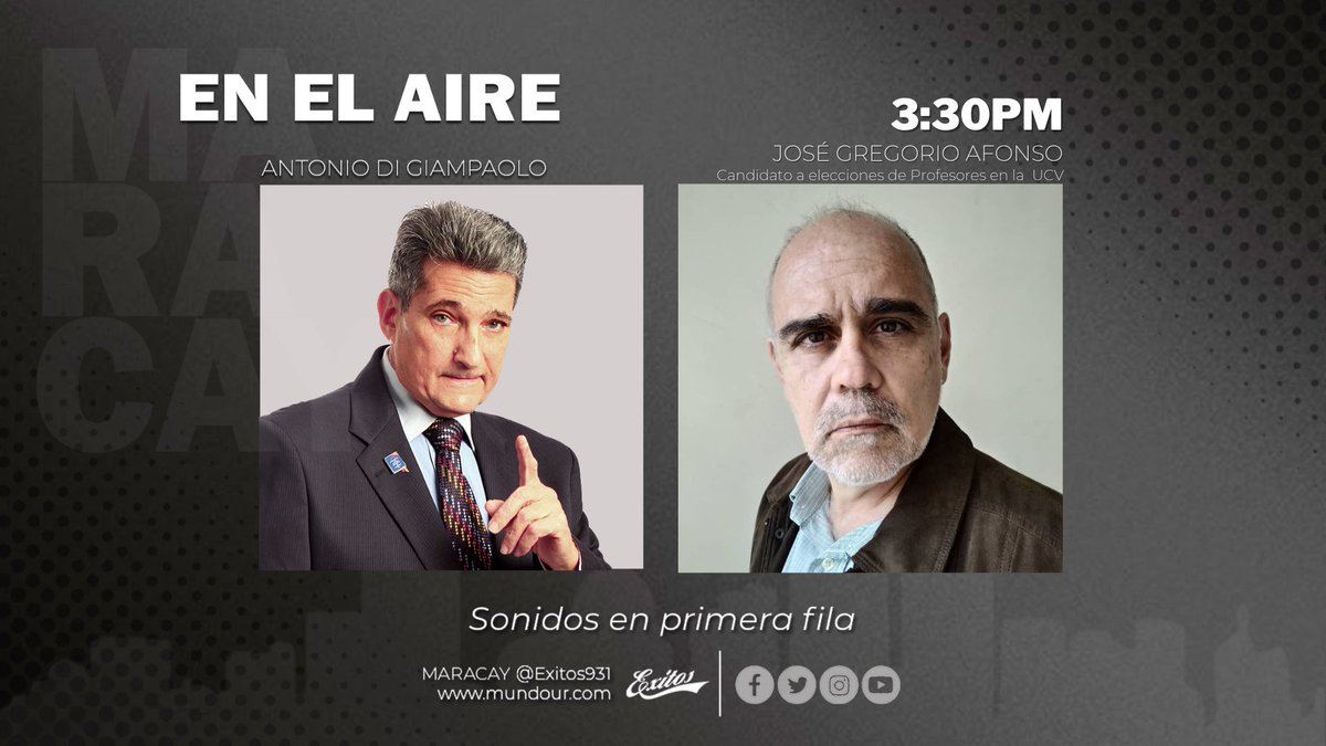 adigiampaolo's tweet photo. En minutos en el #programaenelaire por @exitos931 el profesor Jose Gregorio Afonso canidato de #GremioActivo a la @APUCV @gregorio_afonso #autonomiauniversitaria https://t.co/Gg9ish45Vw