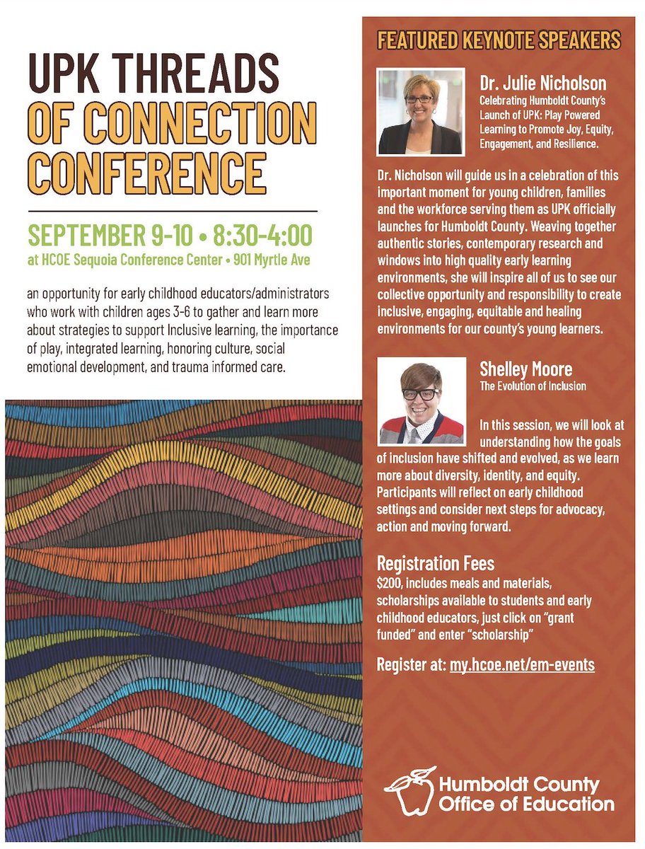 SIP_Impact_'s tweet photo. Excited to support the @humboldtcoe UPK Threads of Connection Conference 9/9 &amp; 10. Keynotes by @tweetsomemoore &amp; Dr. Julie Nicholson. 1 day, 2 day &amp; streaming options available!
Register &amp; join us: https://t.co/LoADiT3IeA https://t.co/zkdF5Hpiva